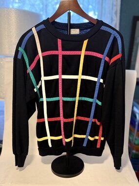 Women's Vintage Black Appel Geometric 80's Style Sweater Size Large (U4)